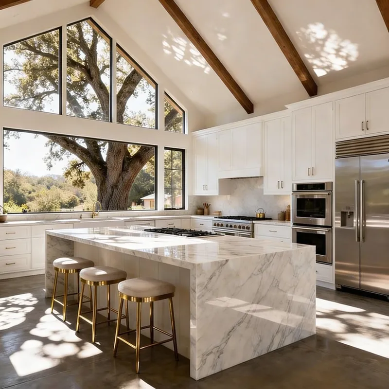 Bright remodeled kitchen with marble island, white cabinets and vaulted wood-beam ceiling